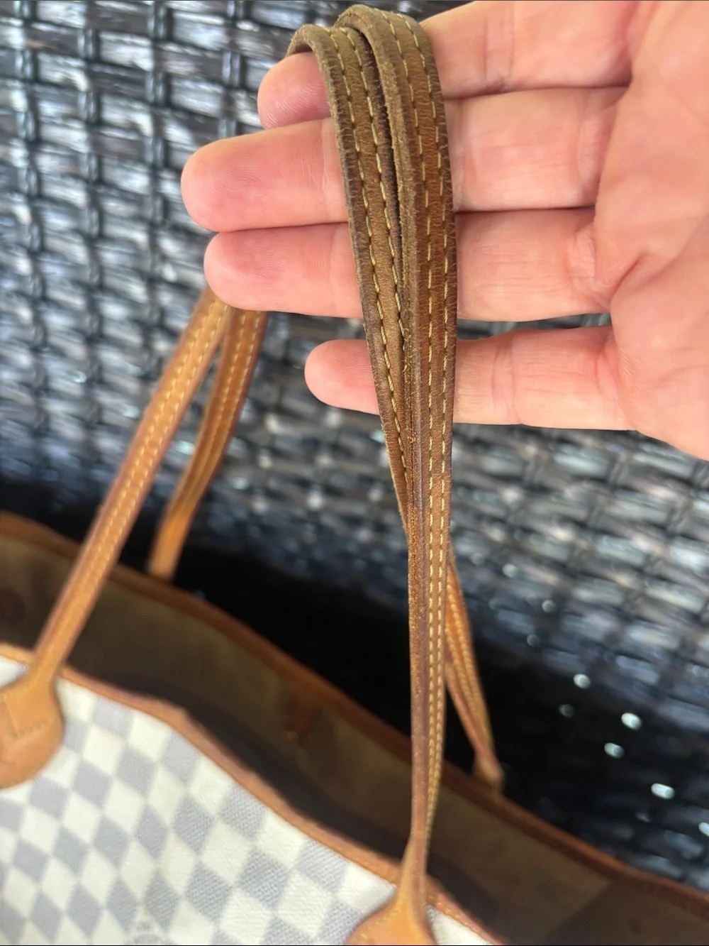 Louis Vuitton Damier Azur Canvas Tote with Brown Leather Trim